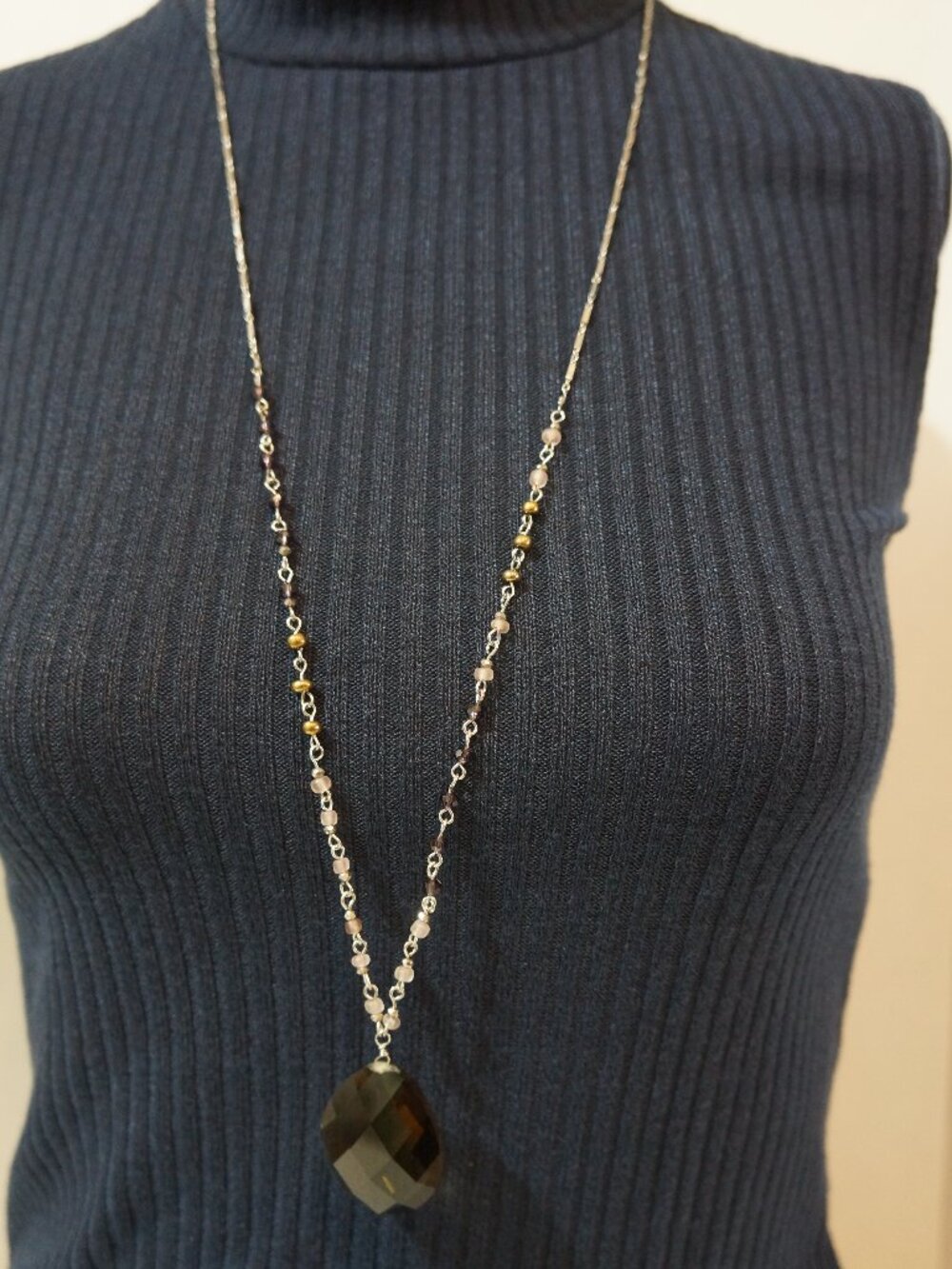 Long Smoky Quartz Pendant Necklace Beaded Station 34"